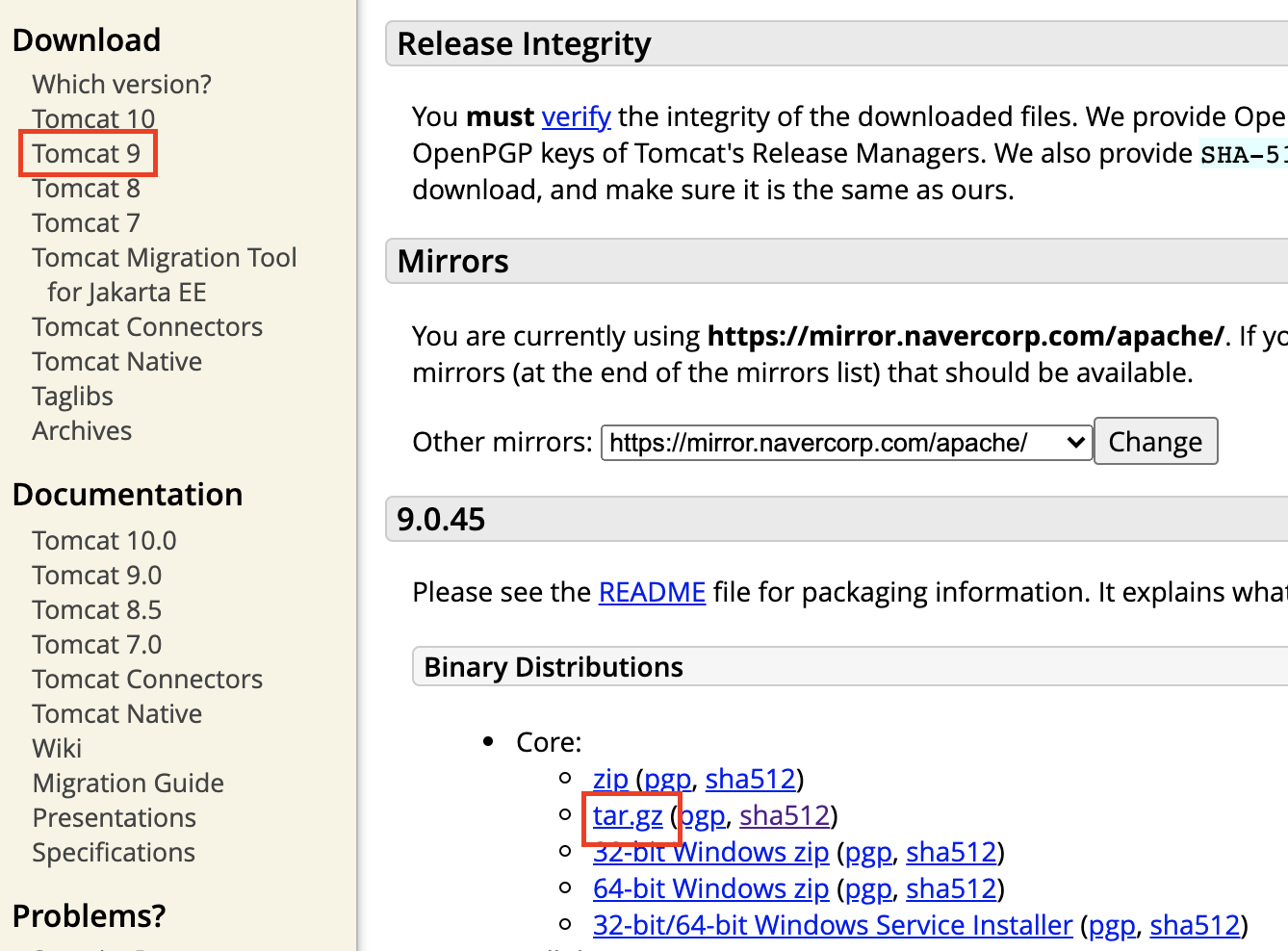 connect to tomcat homepage to download tomcat9